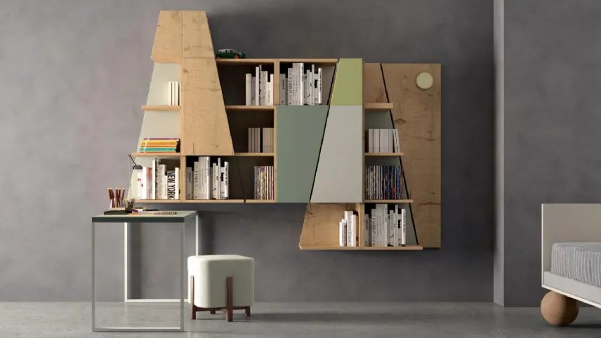 Scrivania zona studio con pensili libreria Trapezio di Dilelle