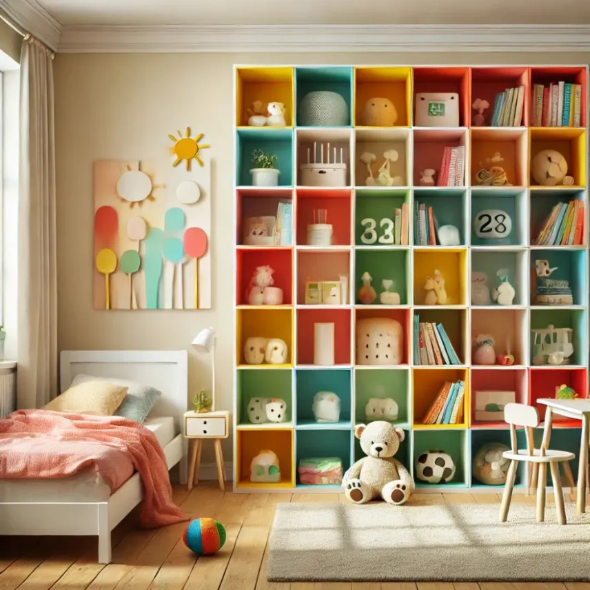 Libreria colorata in cameretta