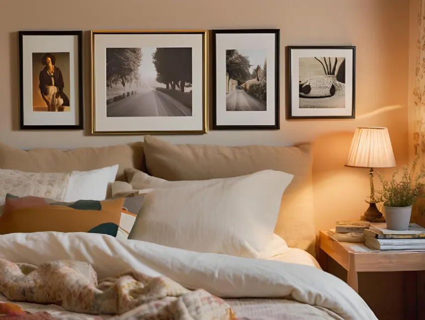 Decora la parete dietro al letto con stampe e fotografie