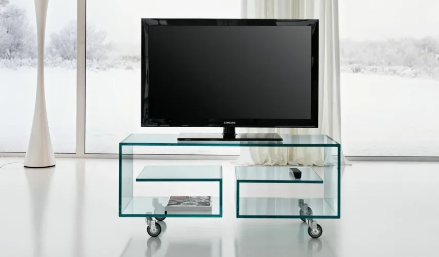 Mobile tv in vetro con ruote Flò 1 di Tonelli Design